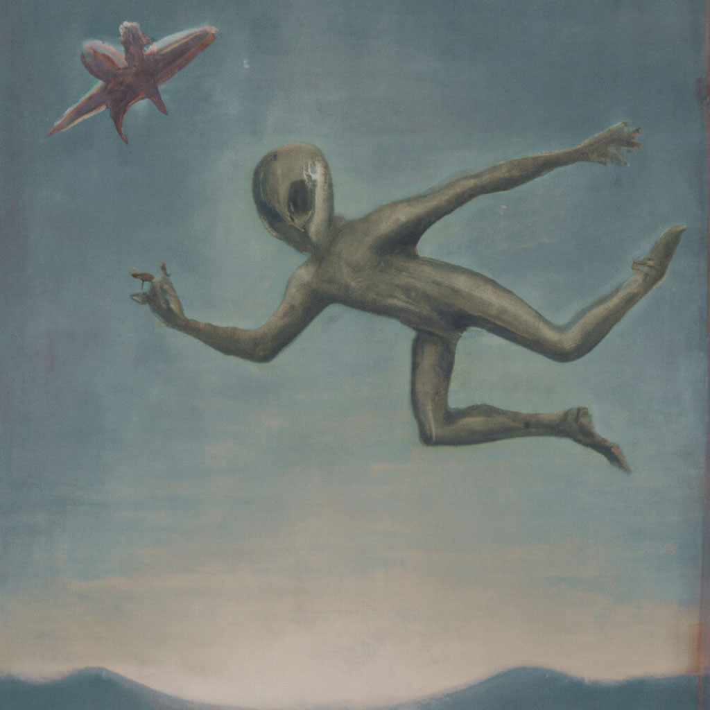 belisario-fosca-How-videogames-make-you-self-aware-featured-article-image-A-vintage-painting-of-an-alien-jumping-from-an-airplane